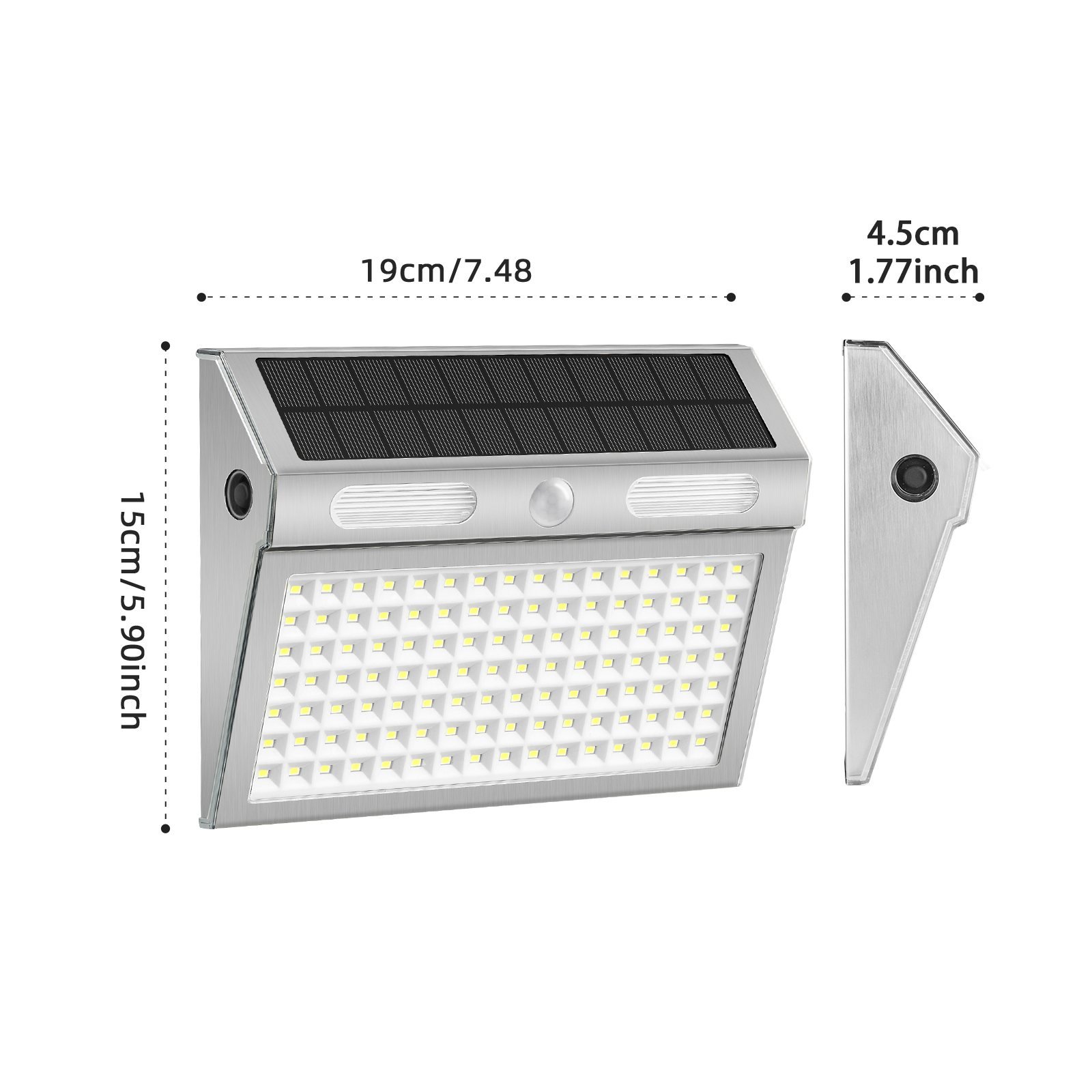 إضاءة جدارية شمسية بحساس حركة 112 LED – منظر كامل – Size Dimensions