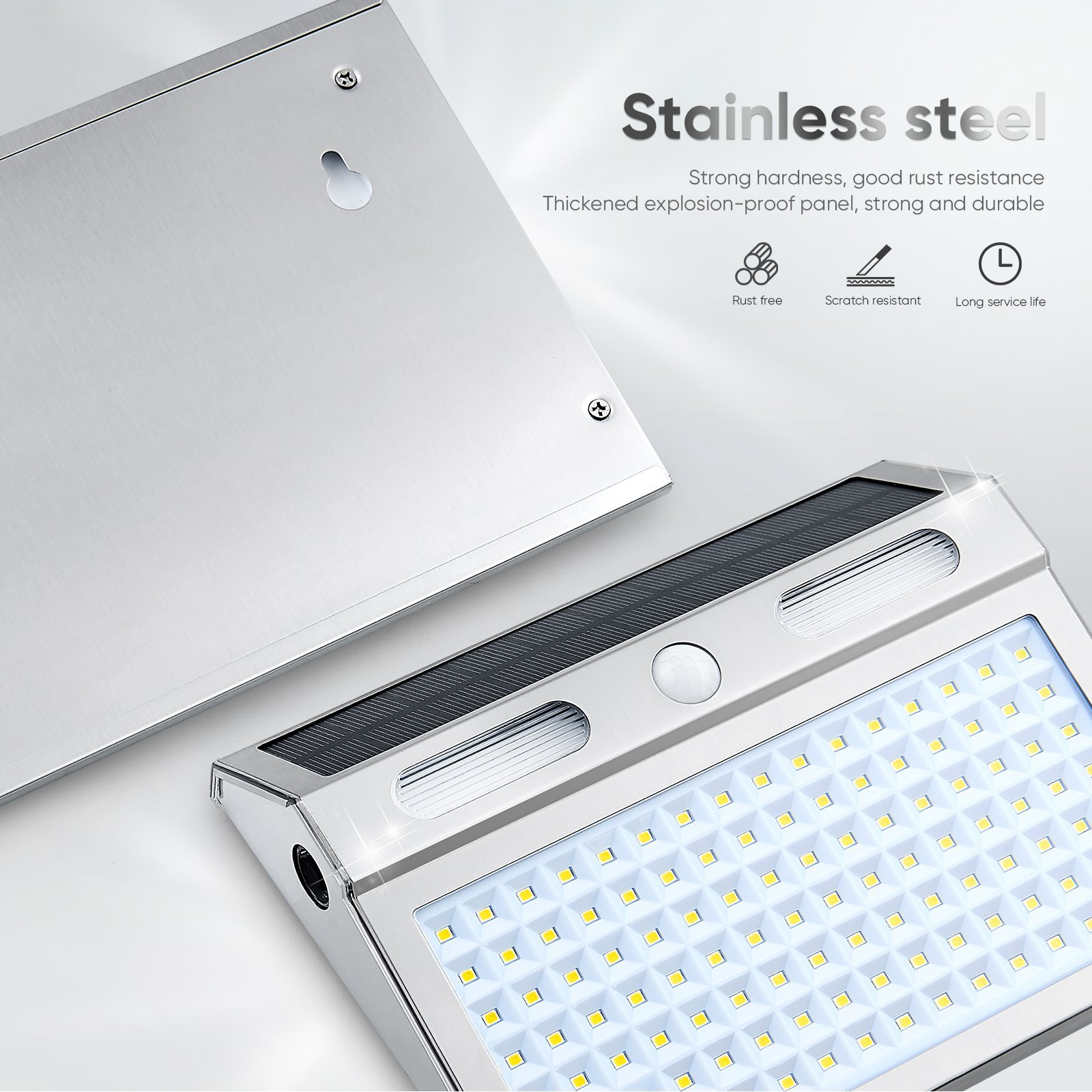 إضاءة جدارية شمسية بحساس حركة 112 LED – منظر كامل – Stainless Steel