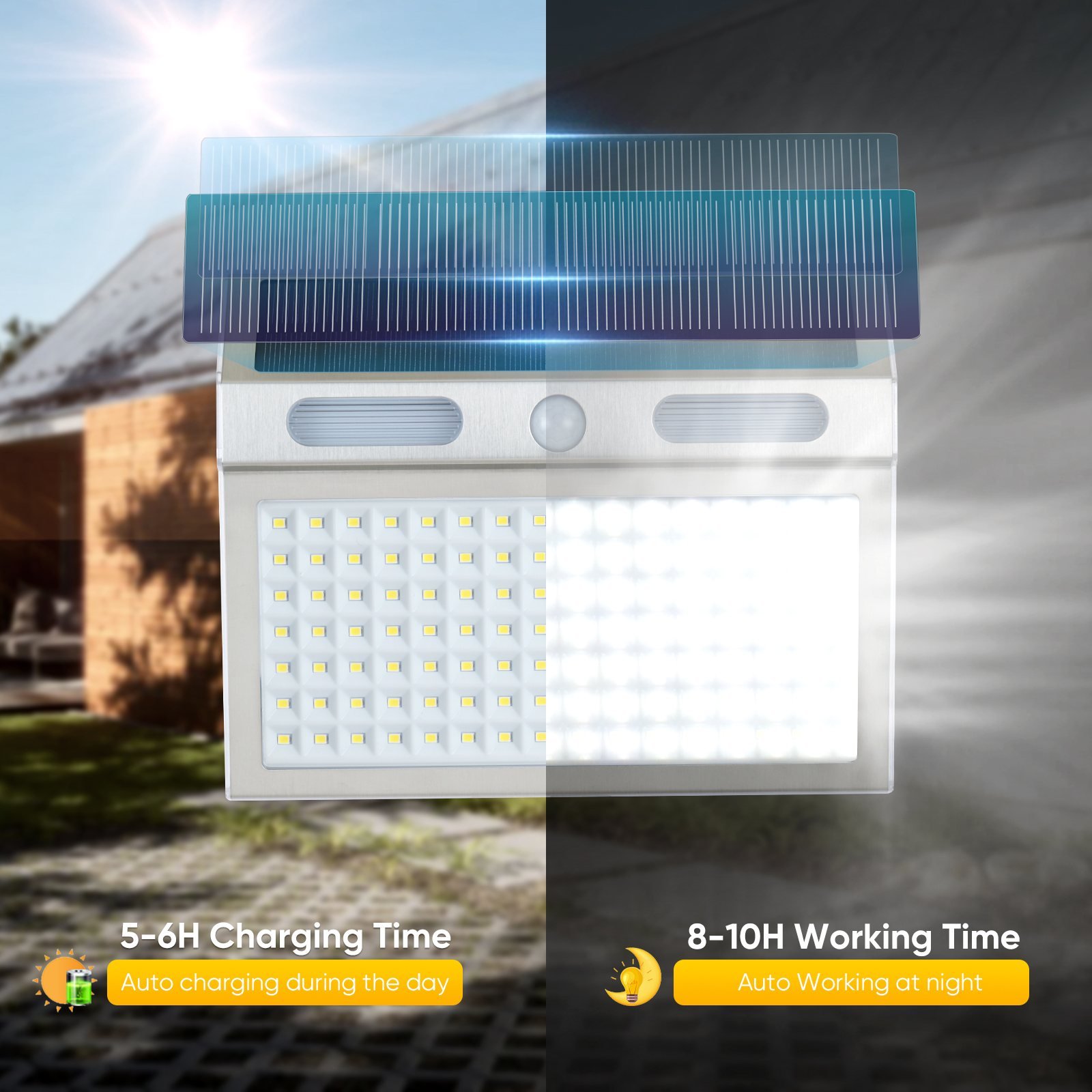 إضاءة جدارية شمسية بحساس حركة 112 LED – منظر كامل – charging time working time