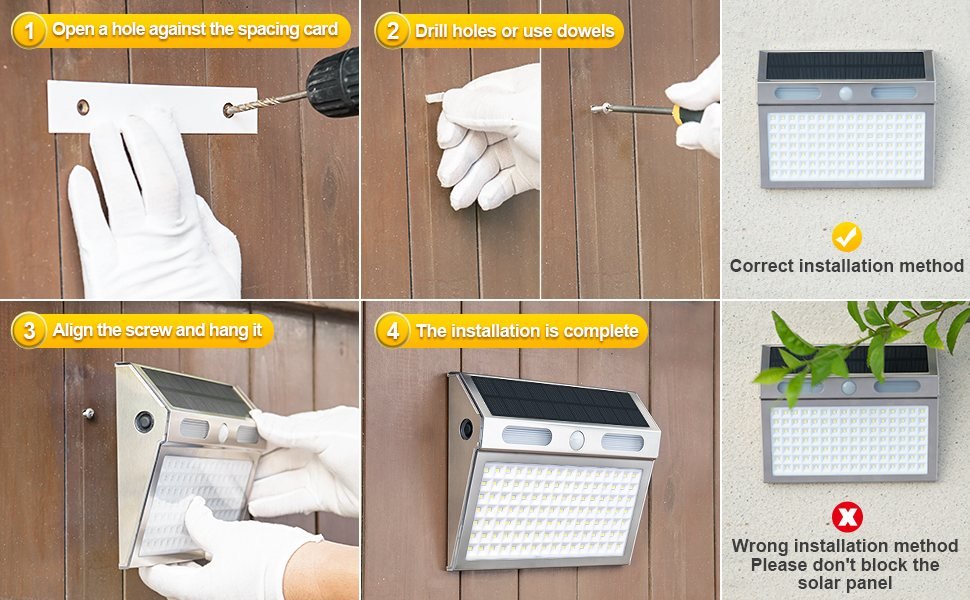 إضاءة جدارية شمسية بحساس حركة 112 LED – منظر كامل – installation guide