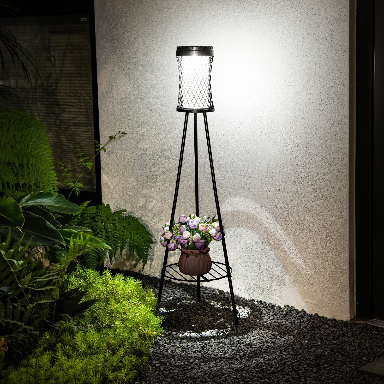 Solar floor lamp with plant stand – floor lamp design – twisted waist white light